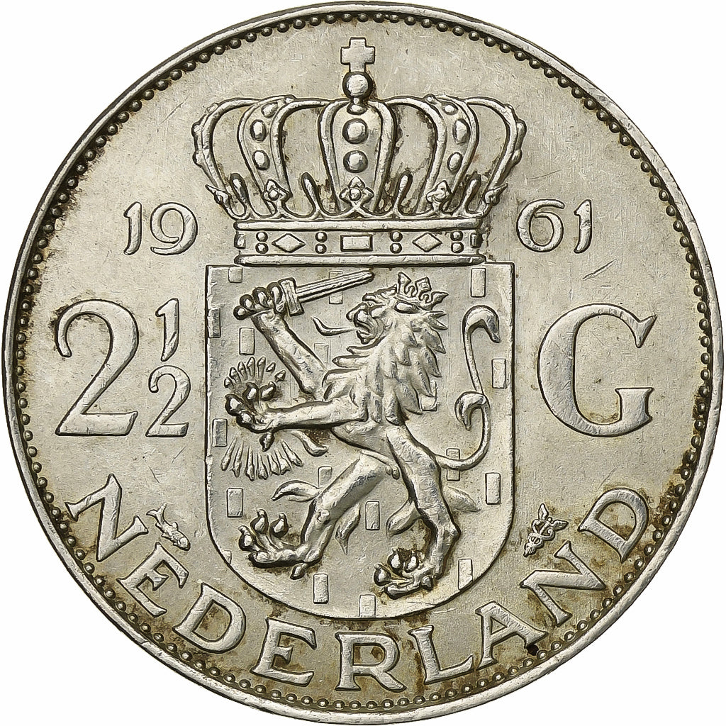 Netherlands, Juliana, 2-1/2 Gulden, 1961, Silver, AU(50-53), KM:185