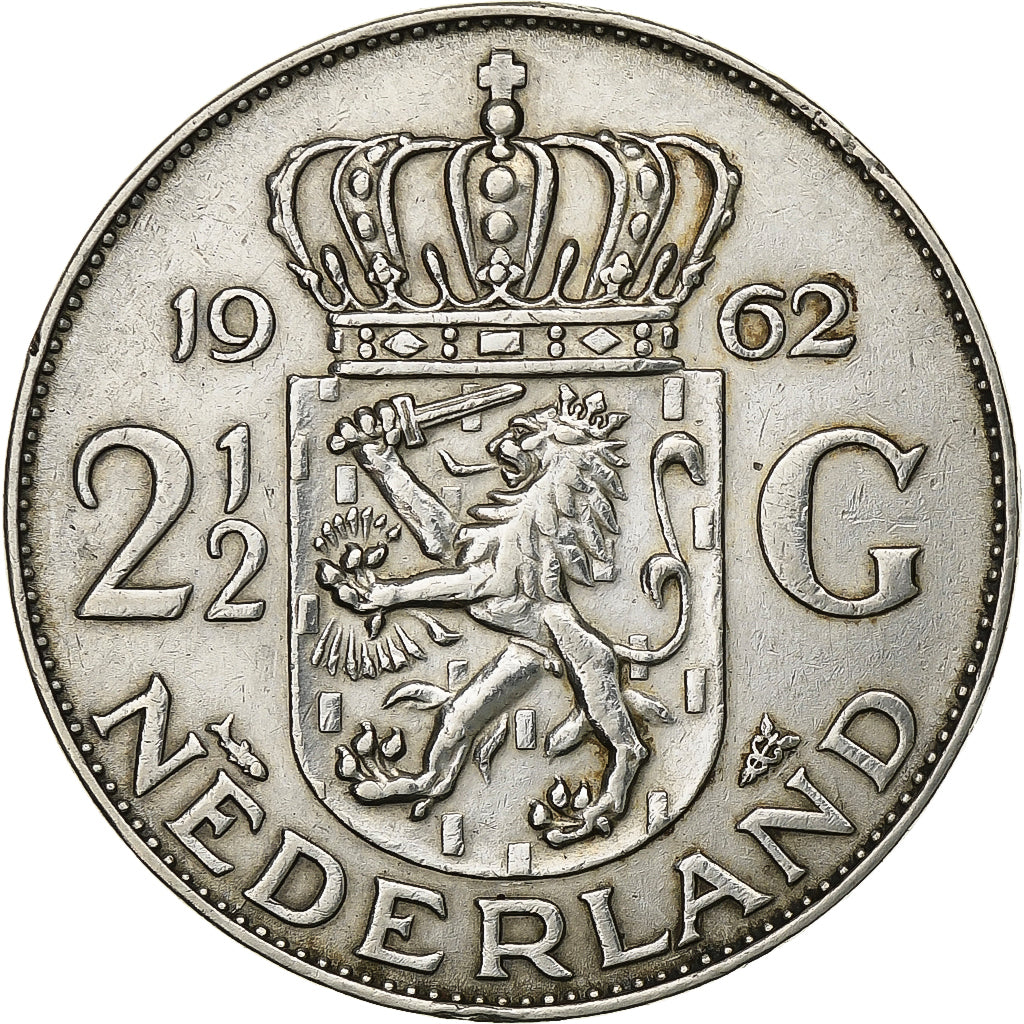 Netherlands, Juliana, 2-1/2 Gulden, 1962, Silver, AU(50-53), KM:185