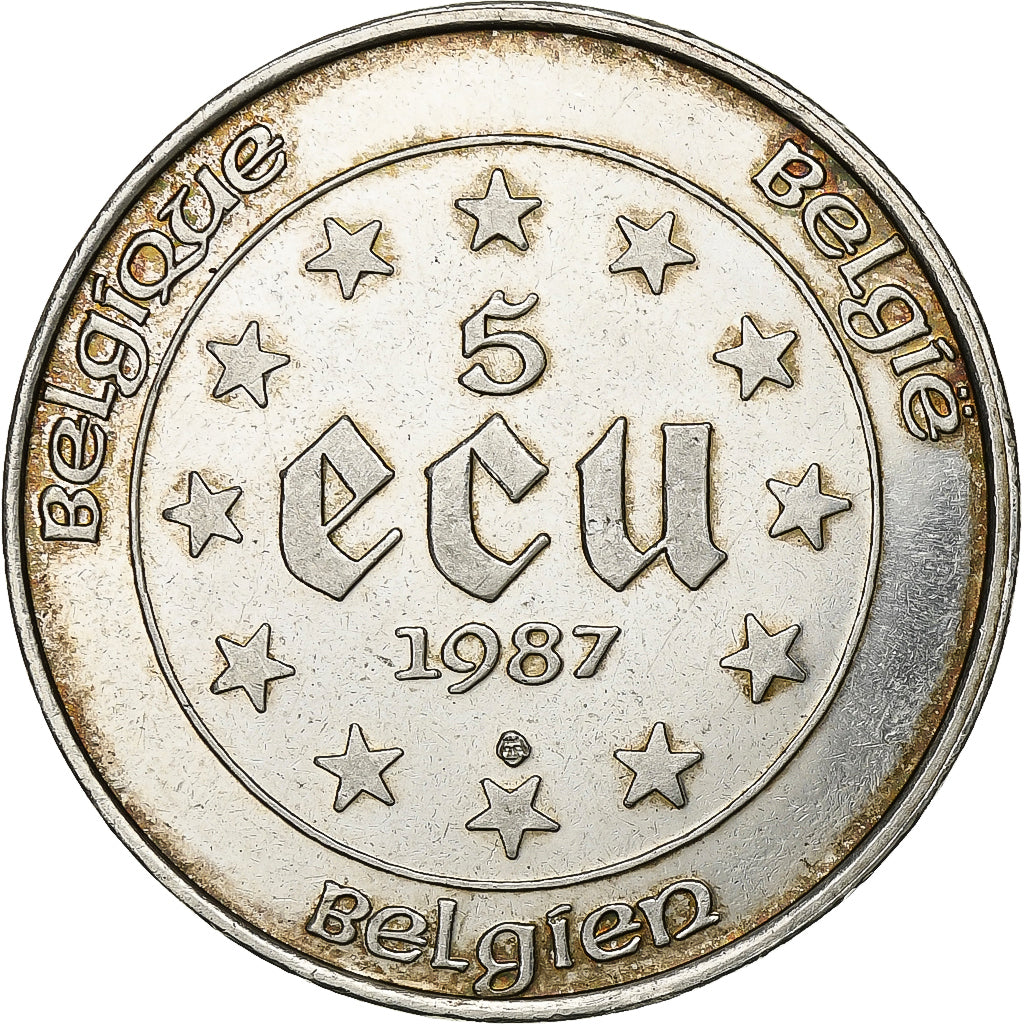 Belgium, Baudouin I, 5 Ecu, 1987, Silver, AU(55-58), KM:166