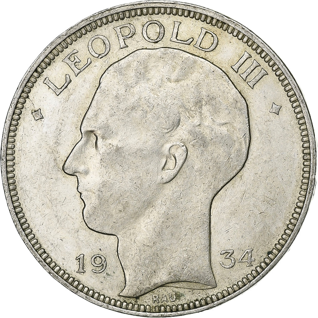 Belgium, Leopold III, 20 Francs, 20 Frank, 1934, Tranche B, Silver, AU(50-53)