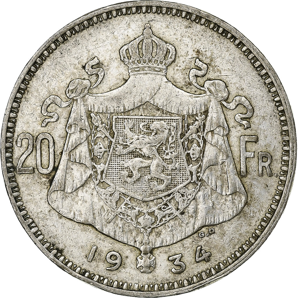 Belgium, Albert I, 20 Francs, 20 Frank, 1934, Silver, EF(40-45), KM:104.1