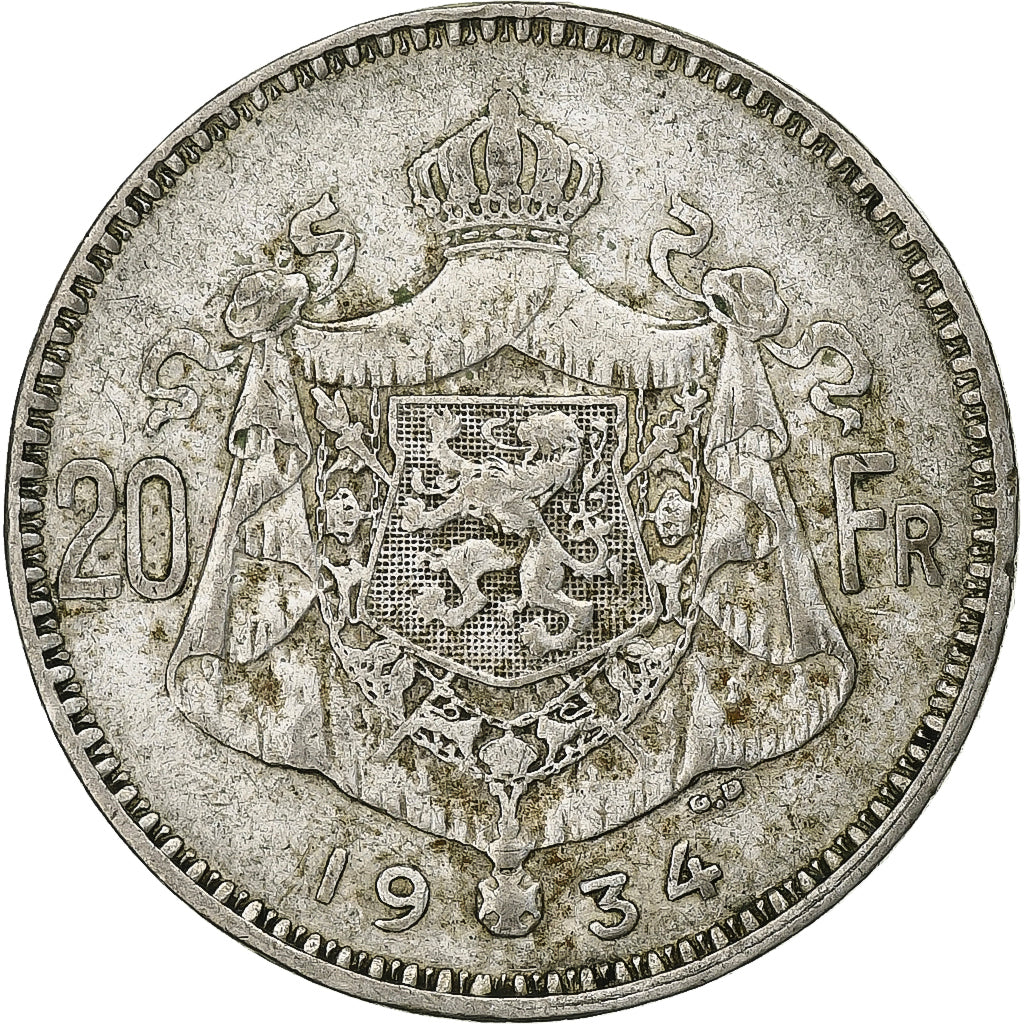 Belgium, Albert I, 20 Francs, 20 Frank, 1934, Silver, EF(40-45), KM:103.1
