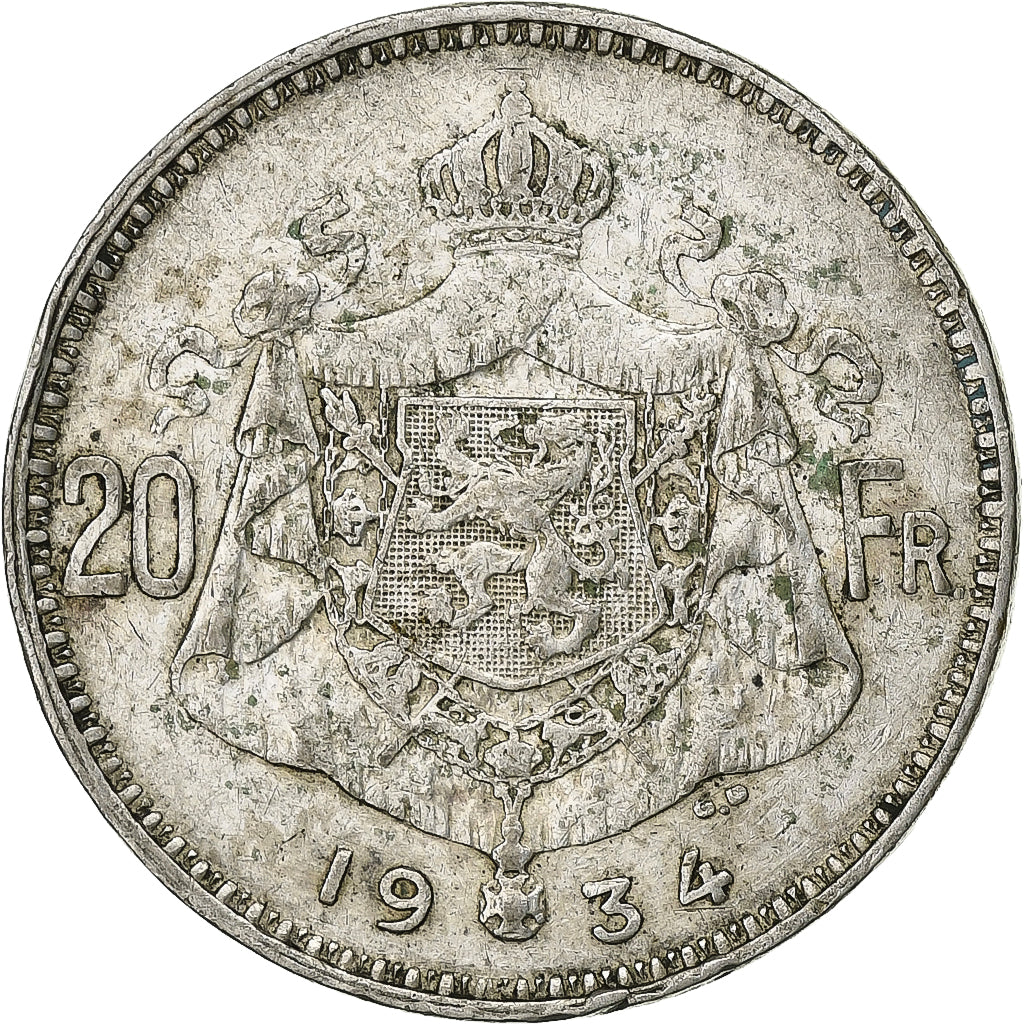 Belgium, Albert I, 20 Francs, 20 Frank, 1934, Silver, EF(40-45), KM:103.1