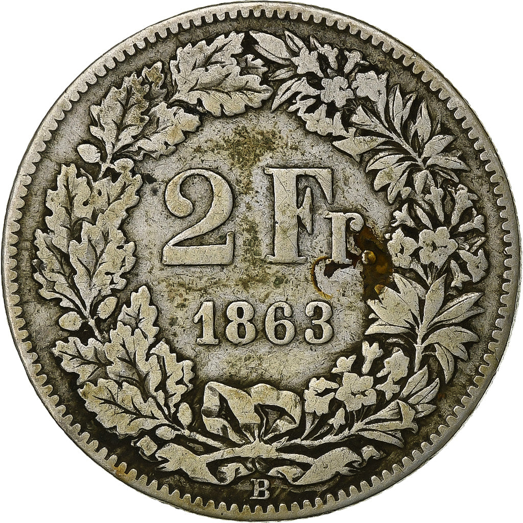 Suiza, 2 Francs, 1863, Bern, Plata, BC+, KM:10a