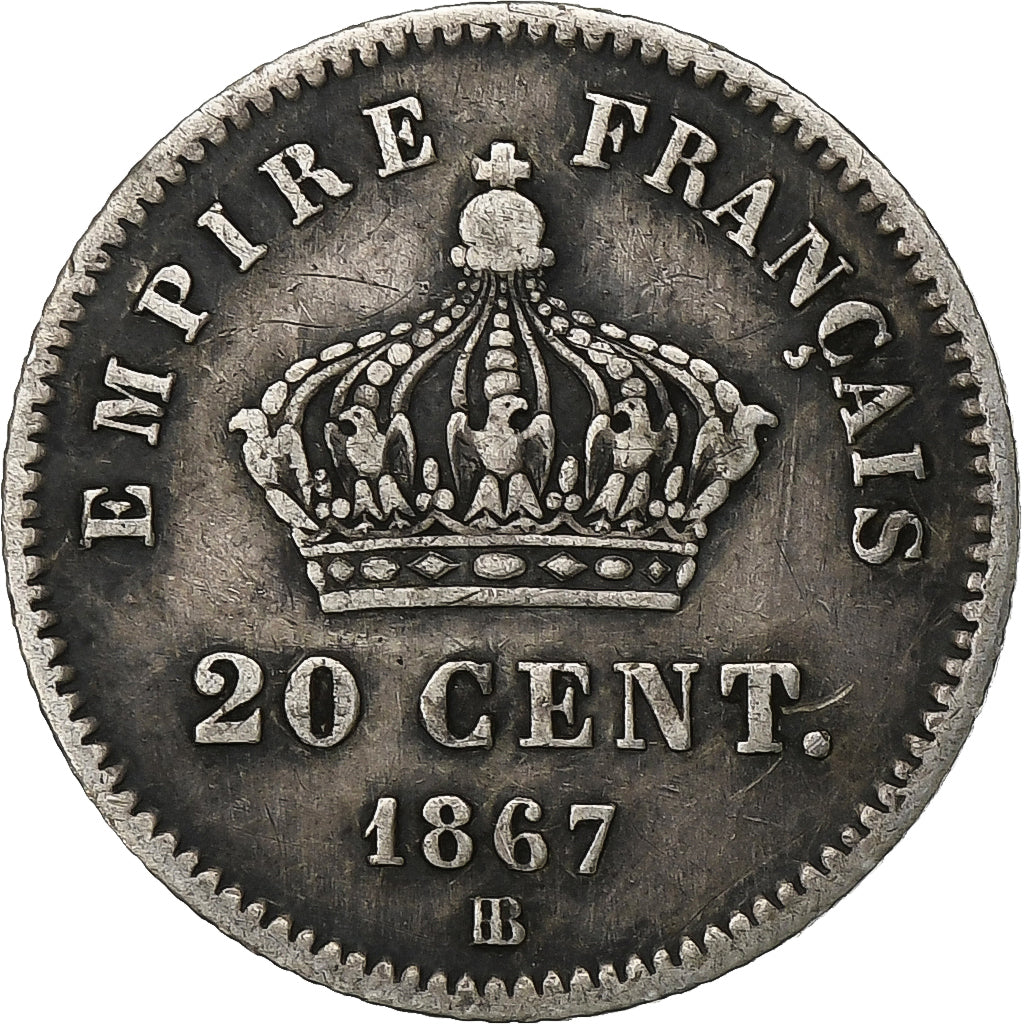 Francia, Napoleon III, 20 Centimes, 1867, Strasbourg, Argento, BB, Gadoury:309