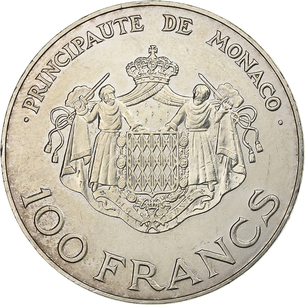 Mónaco, Rainier III, 100 Francs, 1982, Prata, AU(55-58), Gadoury:MC 163, KM:161