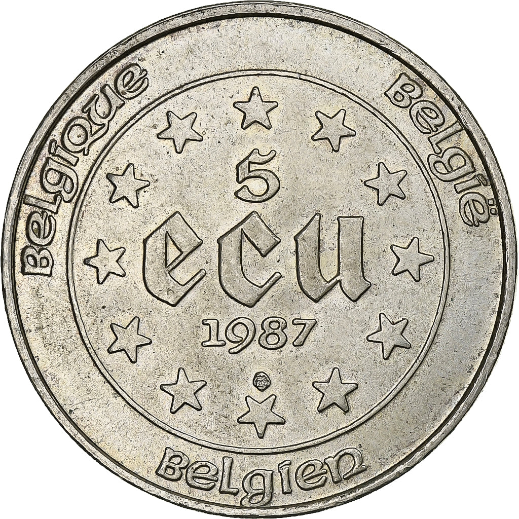 Belgium, Baudouin I, 5 Ecu, 1987, Silver, AU(55-58), KM:166