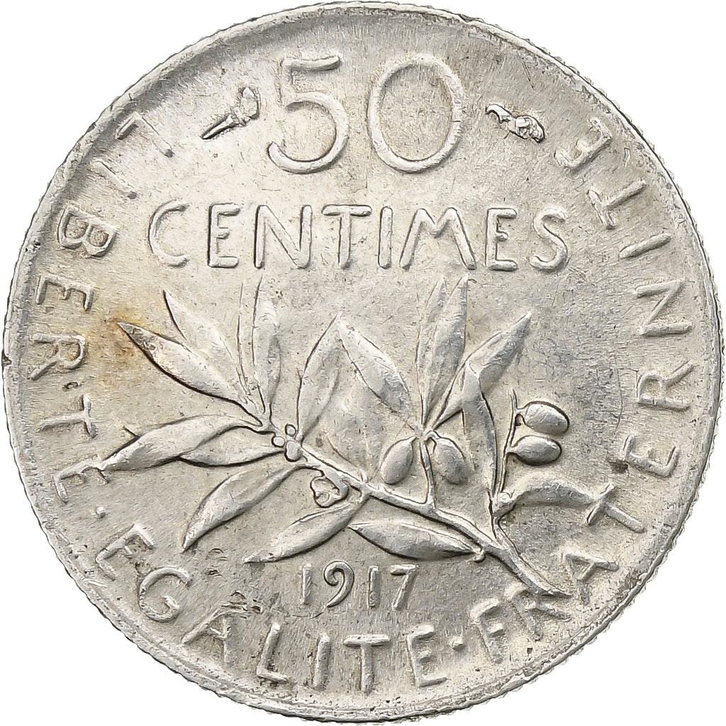 France, 50 Centimes, Semeuse, 1917, Paris, Silver, AU(55-58), Gadoury:420