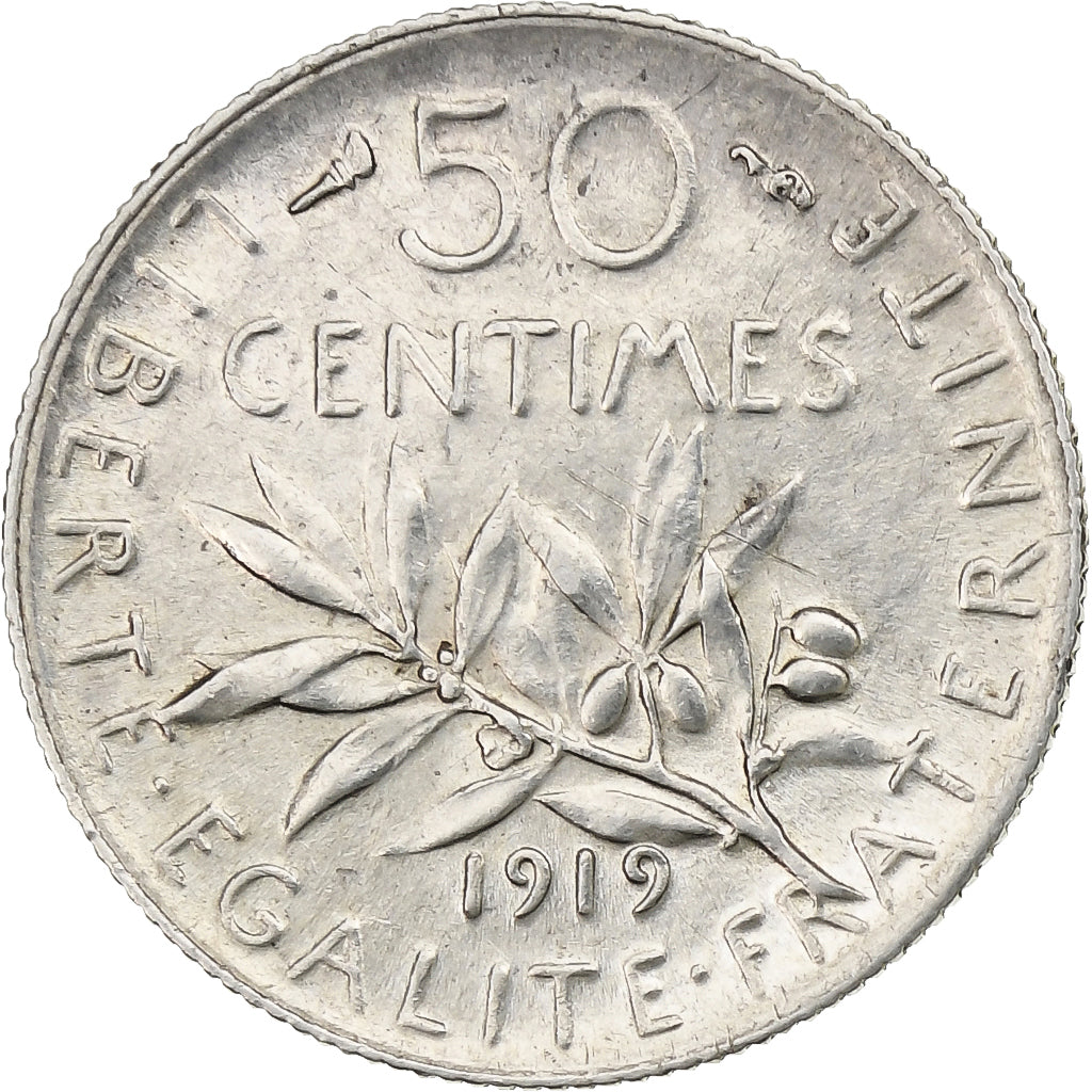 France, 50 Centimes, Semeuse, 1919, Paris, Silver, MS(60-62), Gadoury:420