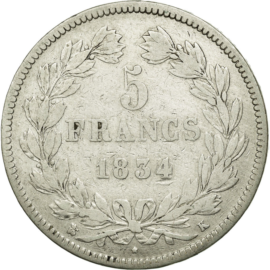 Coin, France, Louis-Philippe, 5 Francs, 1834, Bordeaux, VF(30-35), Silver