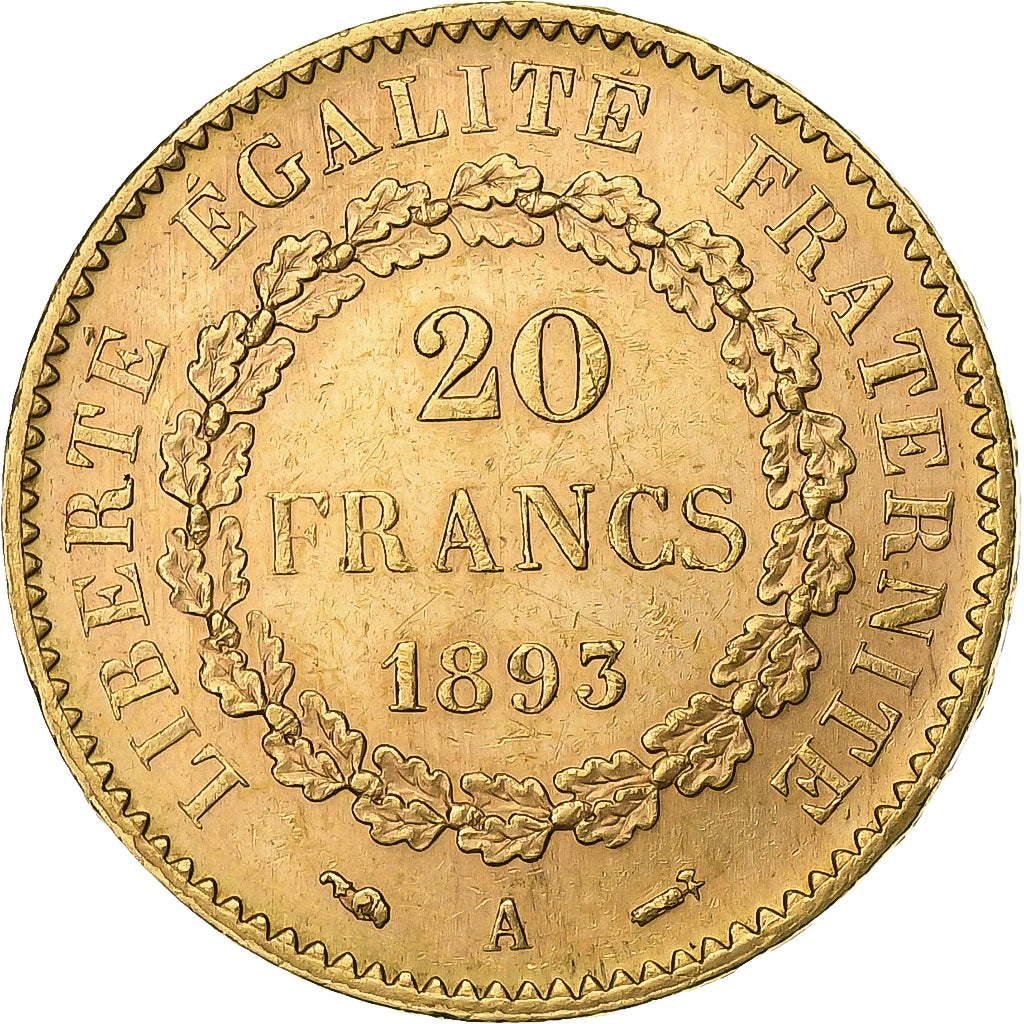 France, 20 Francs, Génie, 1893, Paris, Or, SUP, Gadoury:1063, KM:825