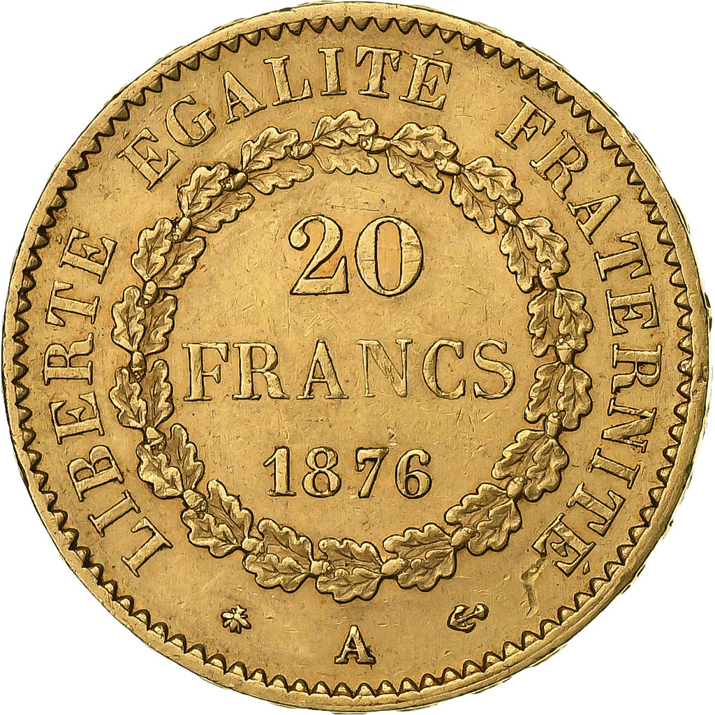 France, 20 Francs, Génie, 1876, Paris, Gold, AU(50-53), Gadoury:1063, KM:825