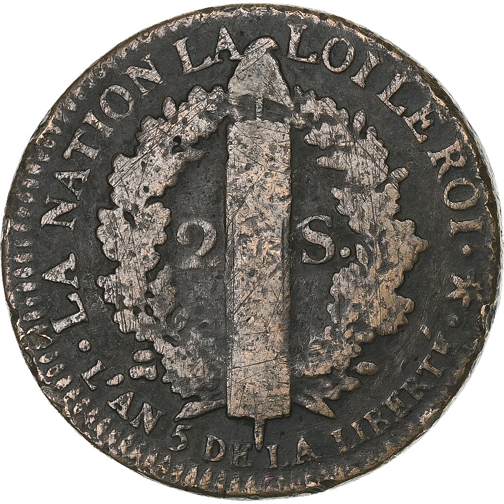 Francia, Louis XVI, 2 Sols, 2 sols français, 1793 - An 5, Strasbourg