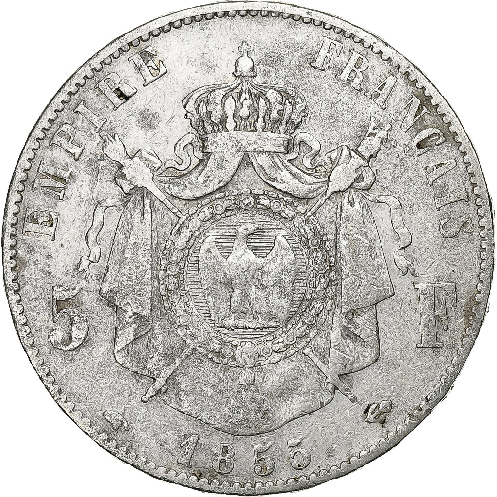 France, Napoléon III, 5 Francs, 1855, Paris, main ancre, Argent, TB