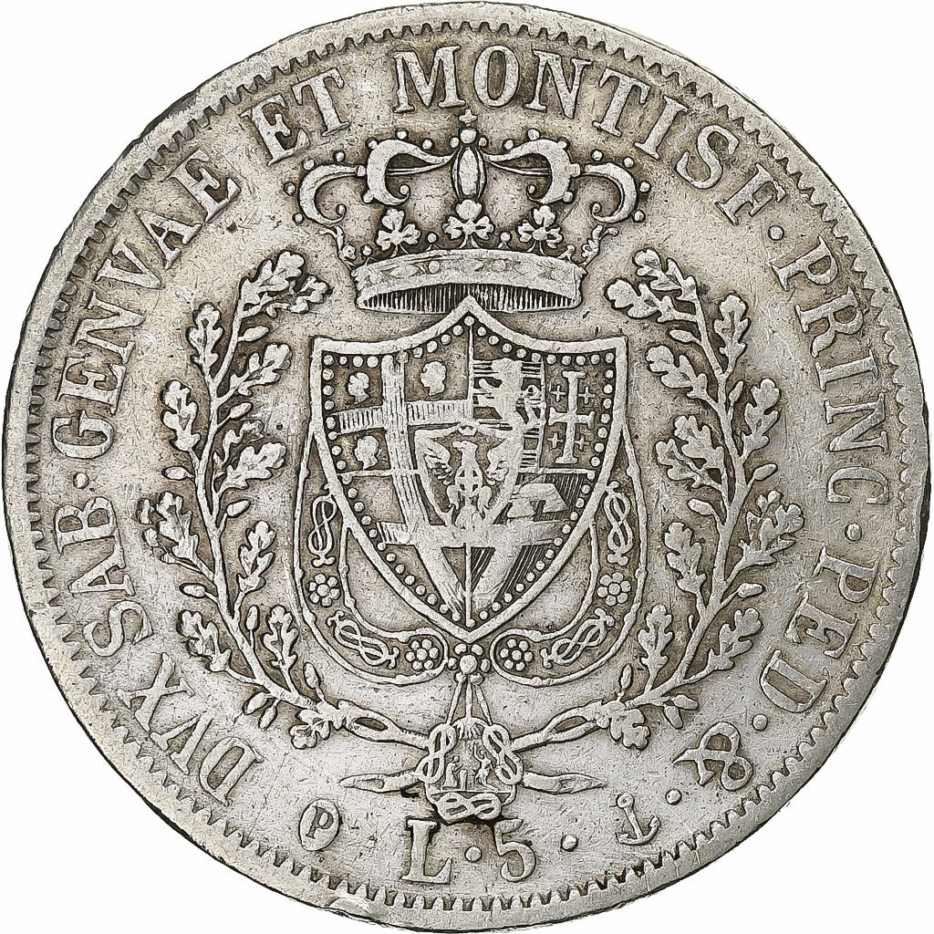 ITALIAN STATES, SARDINIA, Carlo Felice, 5 Lire, 1827, Genoa, Silver, VF(20-25)