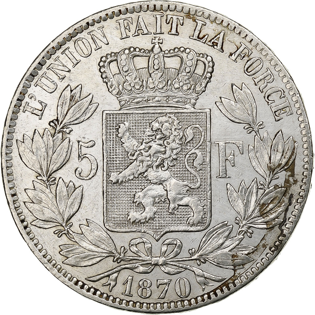 België, Leopold II, 5 Francs, 5 Frank, 1870, Zilver, ZF, KM:24