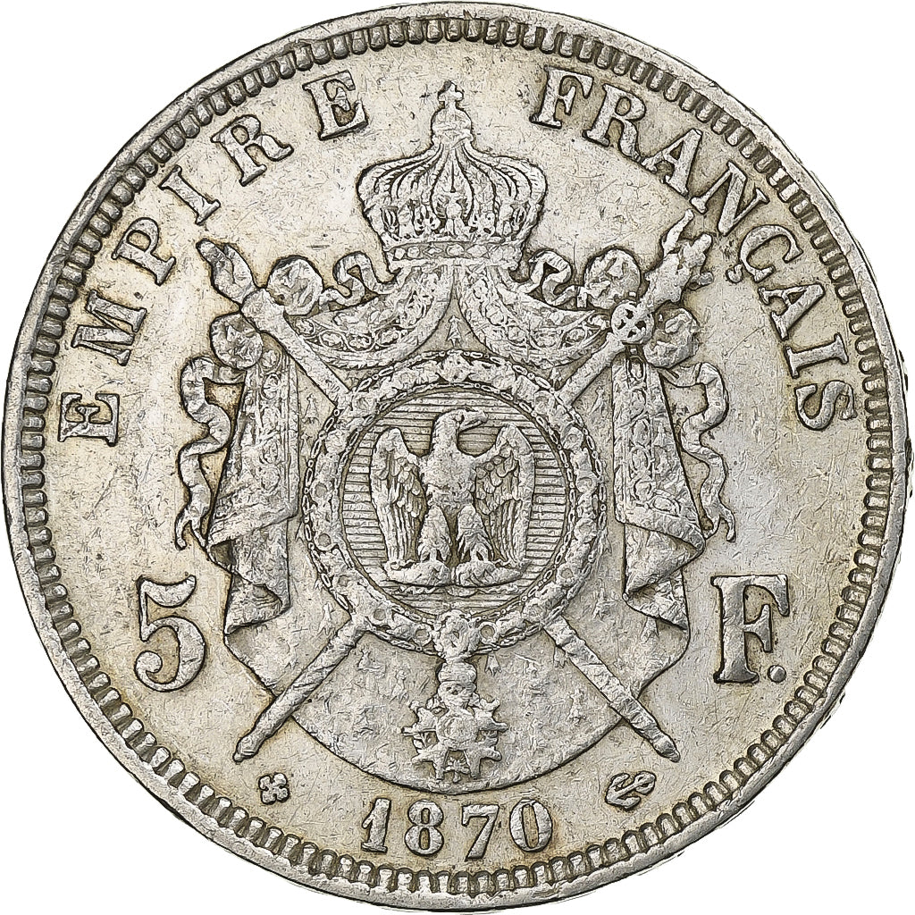 Francia, Napoleon III, 5 Francs, 1870, Strasbourg, Argento, BB, Gadoury:739