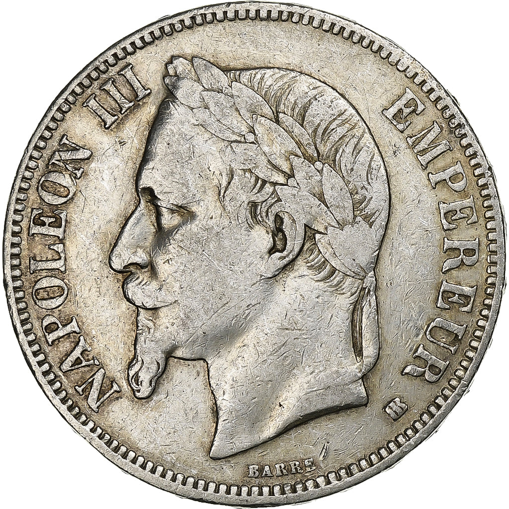 Francia, Napoleon III, 5 Francs, 1869, Strasbourg, Argento, BB, Gadoury:739