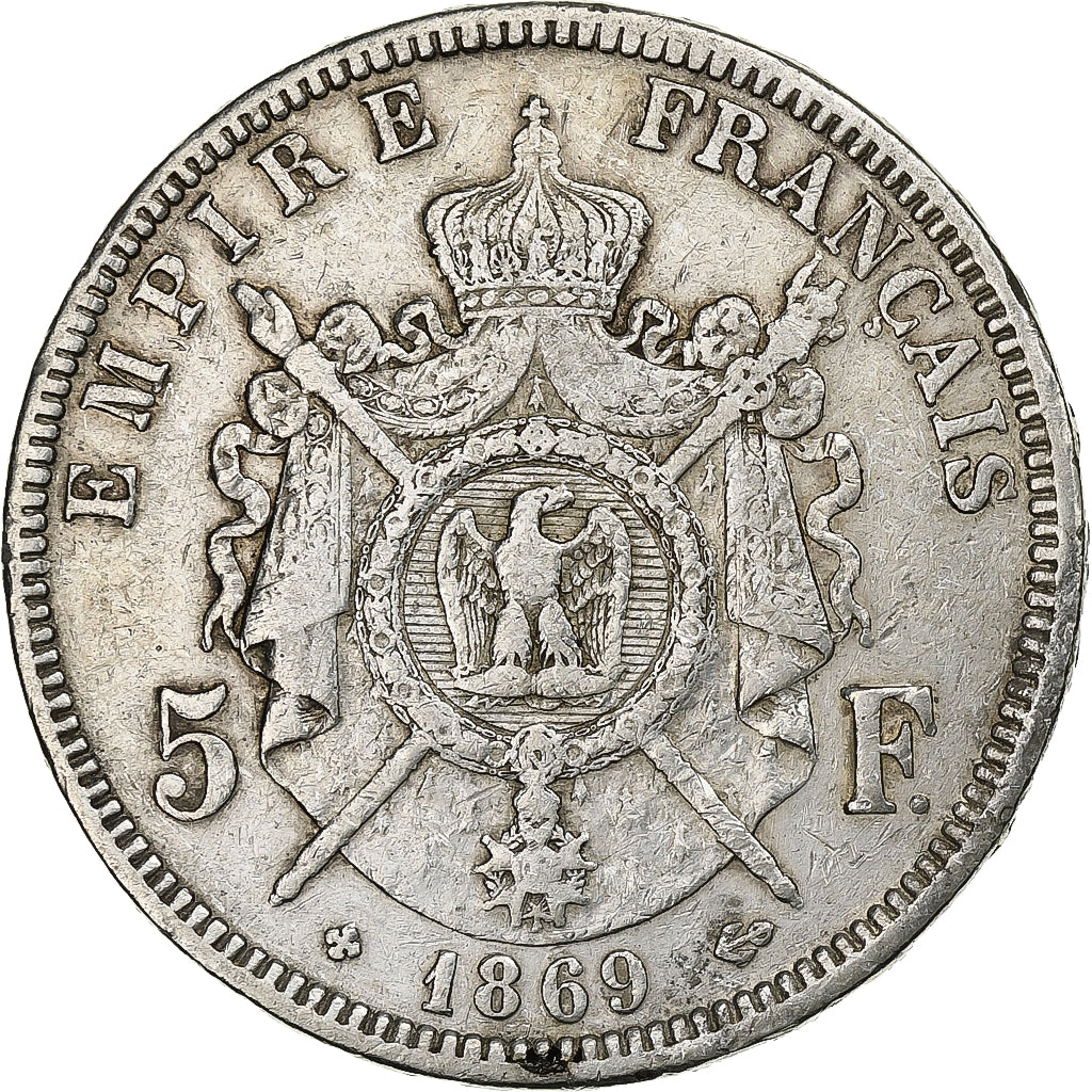 Francia, Napoleon III, 5 Francs, 1869, Strasbourg, Argento, BB, Gadoury:739