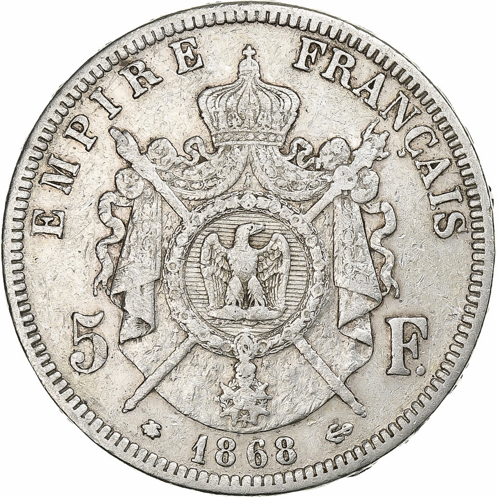 Francia, Napoleon III, 5 Francs, 1868, Paris, Argento, BB, Gadoury:739, KM:799.1