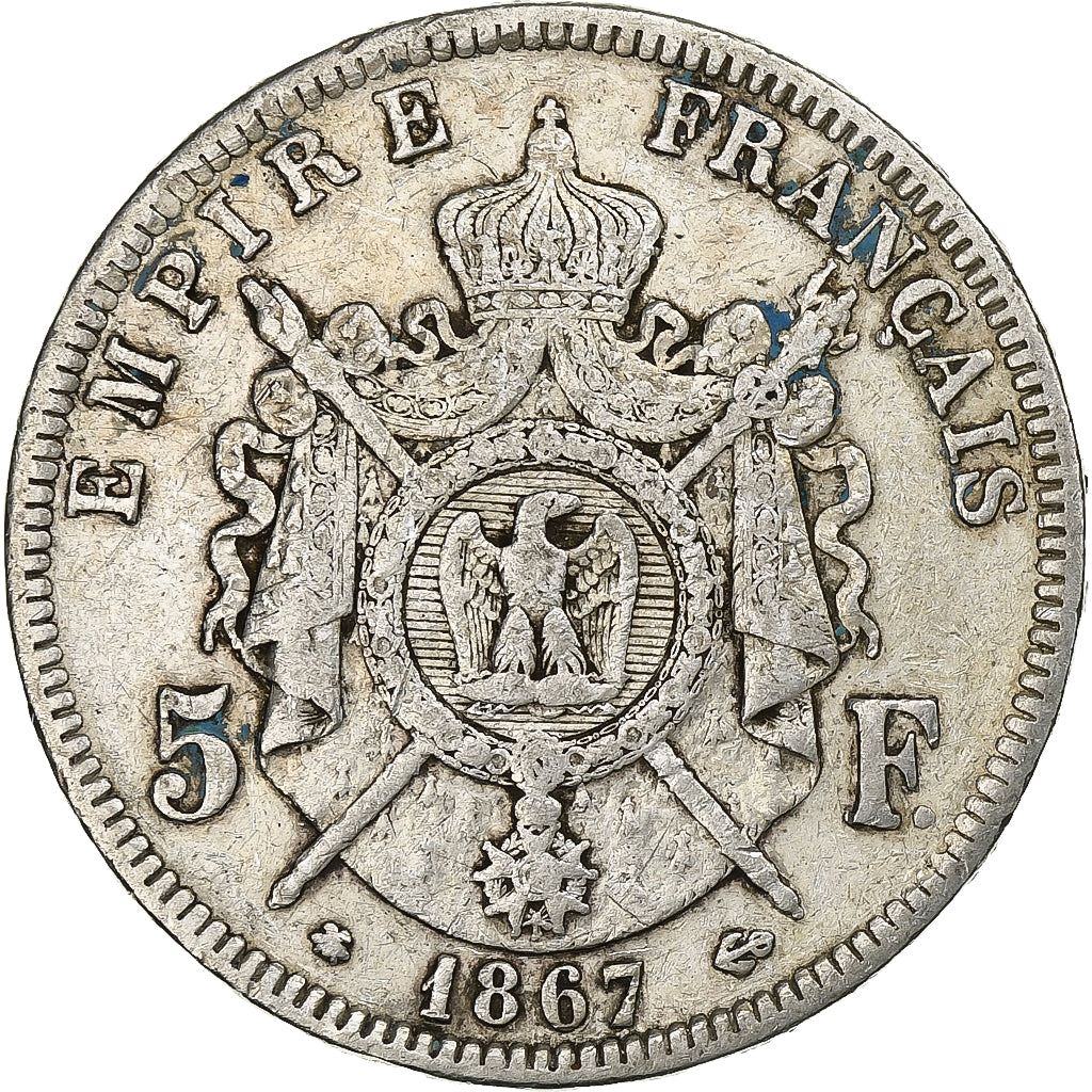 Francja, Napoleon III, 5 Francs, 1867, Paris, Srebro, EF(40-45), Gadoury:739