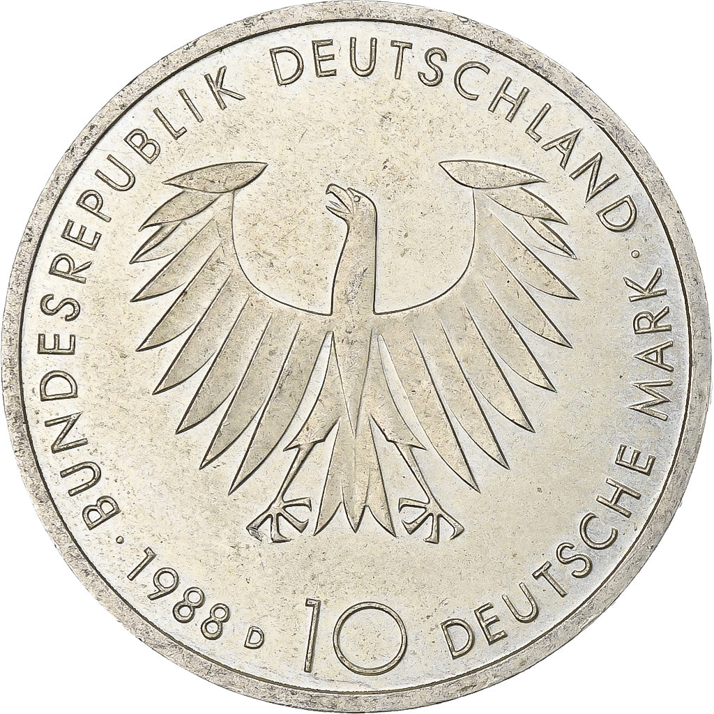 GERMANY - FEDERAL REPUBLIC, 10 Mark, 1988, Munich, Silver, AU(55-58), KM:168