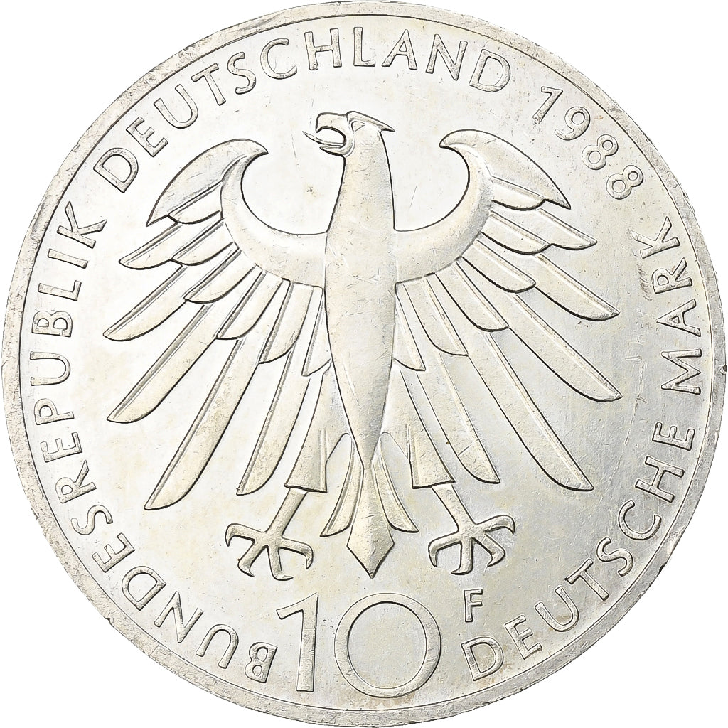 GERMANY - FEDERAL REPUBLIC, 10 Mark, 1988, Stuttgart, Silver, AU(55-58), KM:169