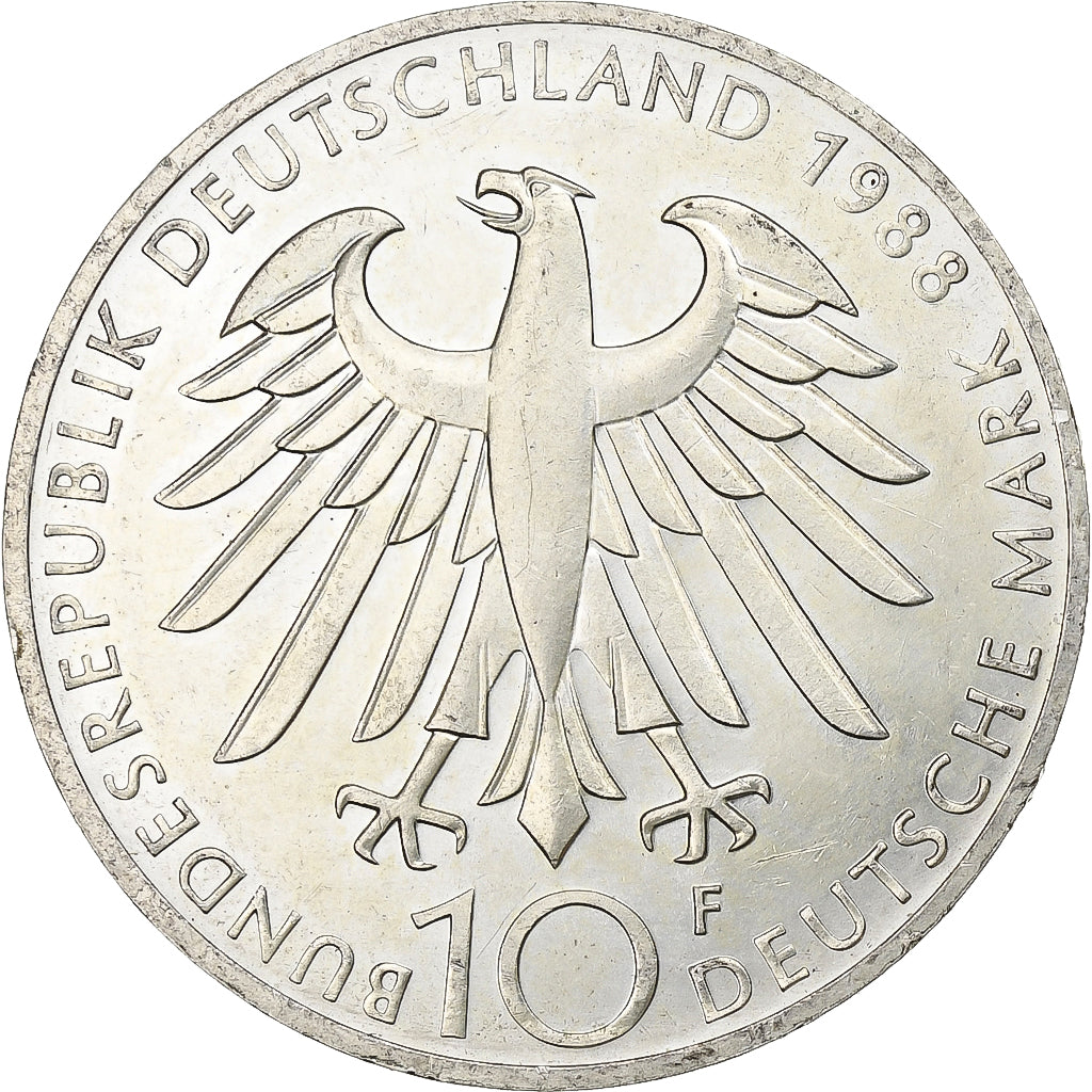 ALEMANIA - REPÚBLICA FEDERAL, 10 Mark, 1988, Stuttgart, Plata, EBC, KM:169