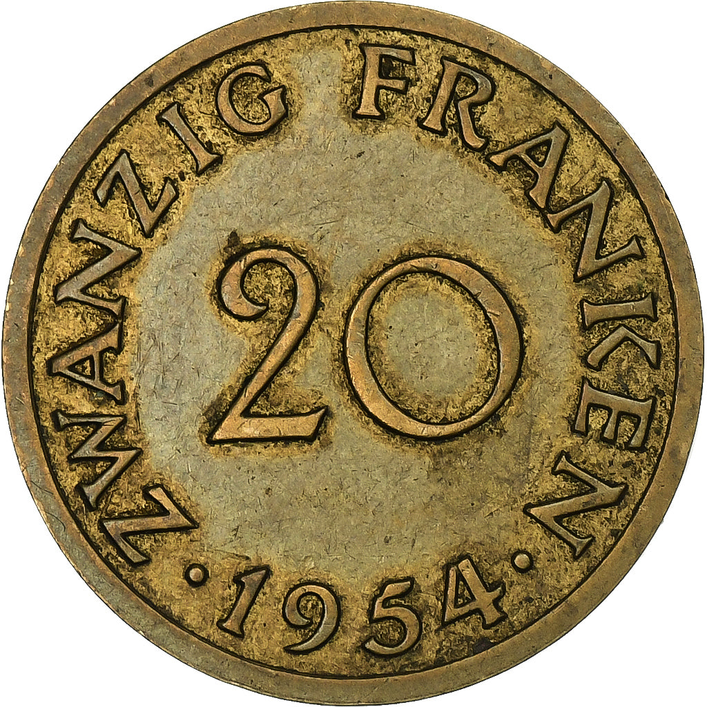 SAARLAND, 20 Franken, 1954, Paris, Aluminum-Bronze, EF(40-45), Gadoury:2, KM:2