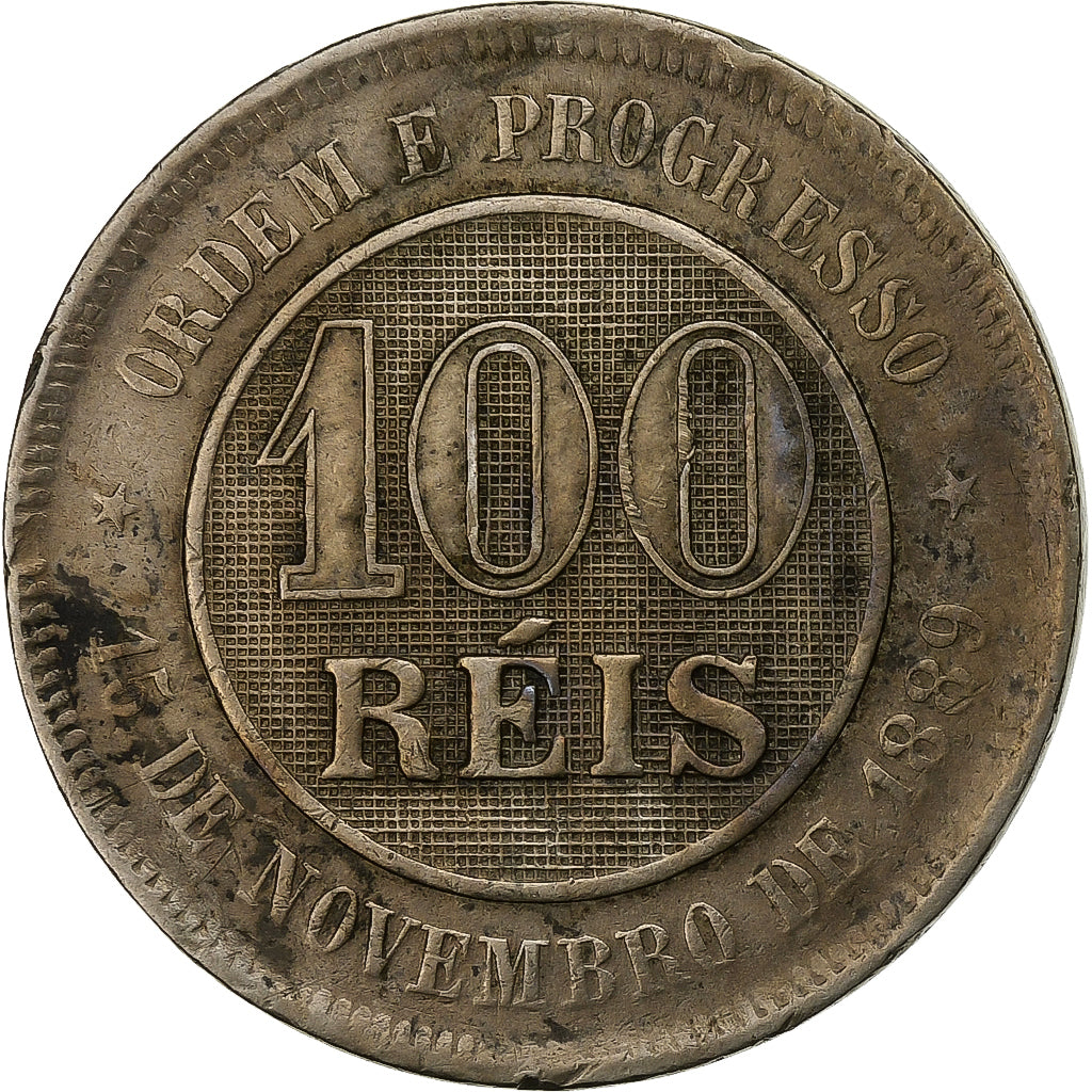 Brazil, 100 Reis, 1889, Copper-nickel, EF(40-45), KM:492