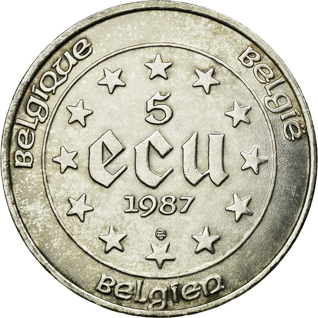 Coin, Belgium, 5 Ecu, 1987, Brussels, MS(60-62), Silver, KM:166