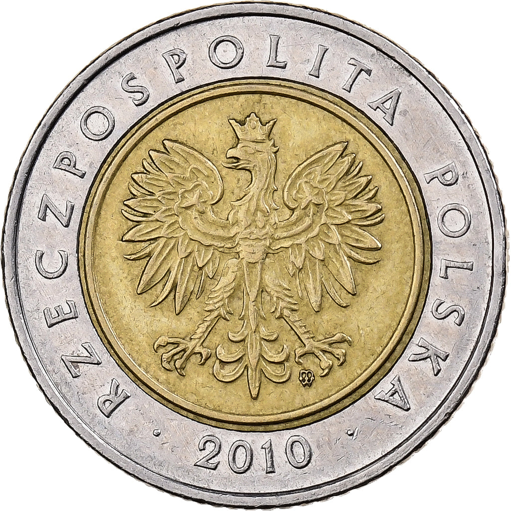 Poland, 5 Zlotych, 2010, Warsaw, Bi-Metallic, AU(55-58), KM:284