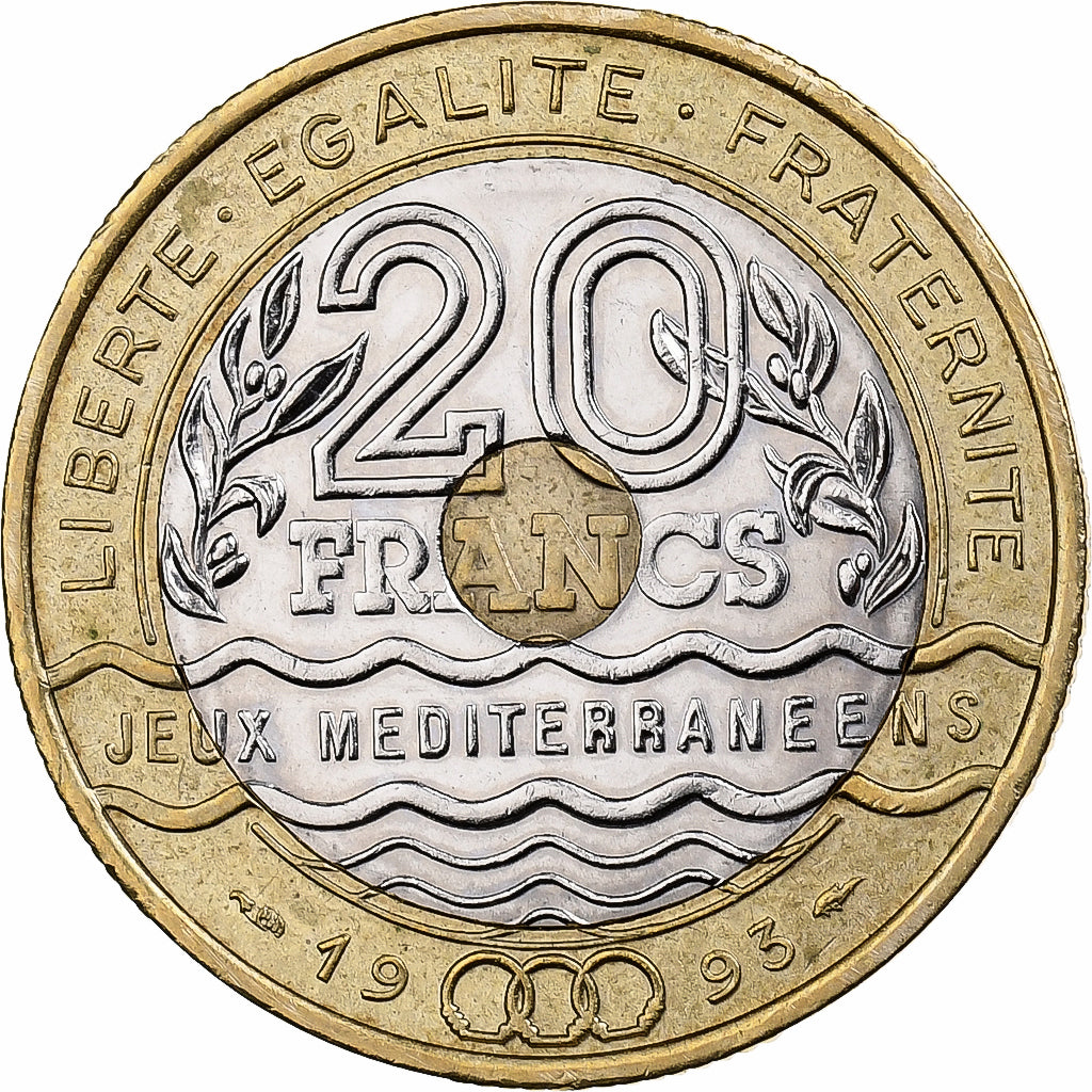 France, 20 Francs, Jeux Méditerranéens, 1993, Tri-Metallic, AU(55-58)