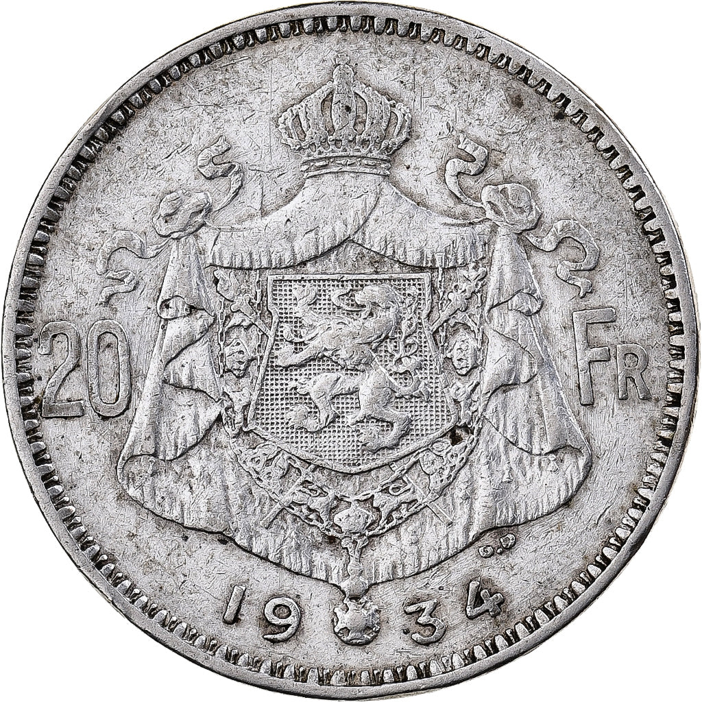 Belgium, Albert I, 20 Francs, 20 Frank, 1934, Silver, EF(40-45), KM:103.1