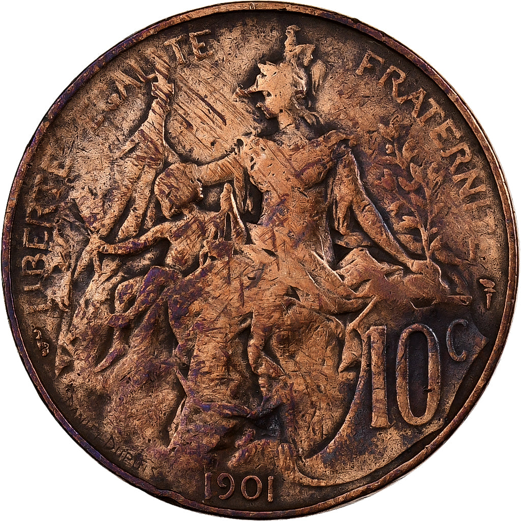 Frankrijk, 10 Centimes, Dupuis, 1901, Paris, Bronzen, FR, Gadoury:277, KM:843
