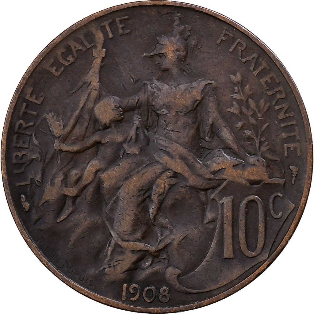 Francja, 10 Centimes, Dupuis, 1908, Paris, Brązowy, EF(40-45), Gadoury:277