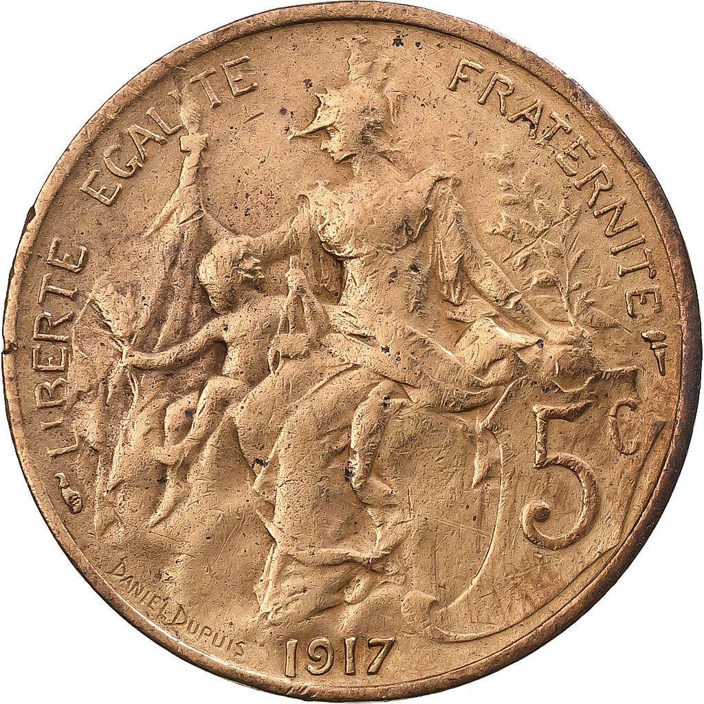 França, 5 Centimes, Dupuis, 1917, Paris, Bronze, AU(50-53), Gadoury:165, KM:842