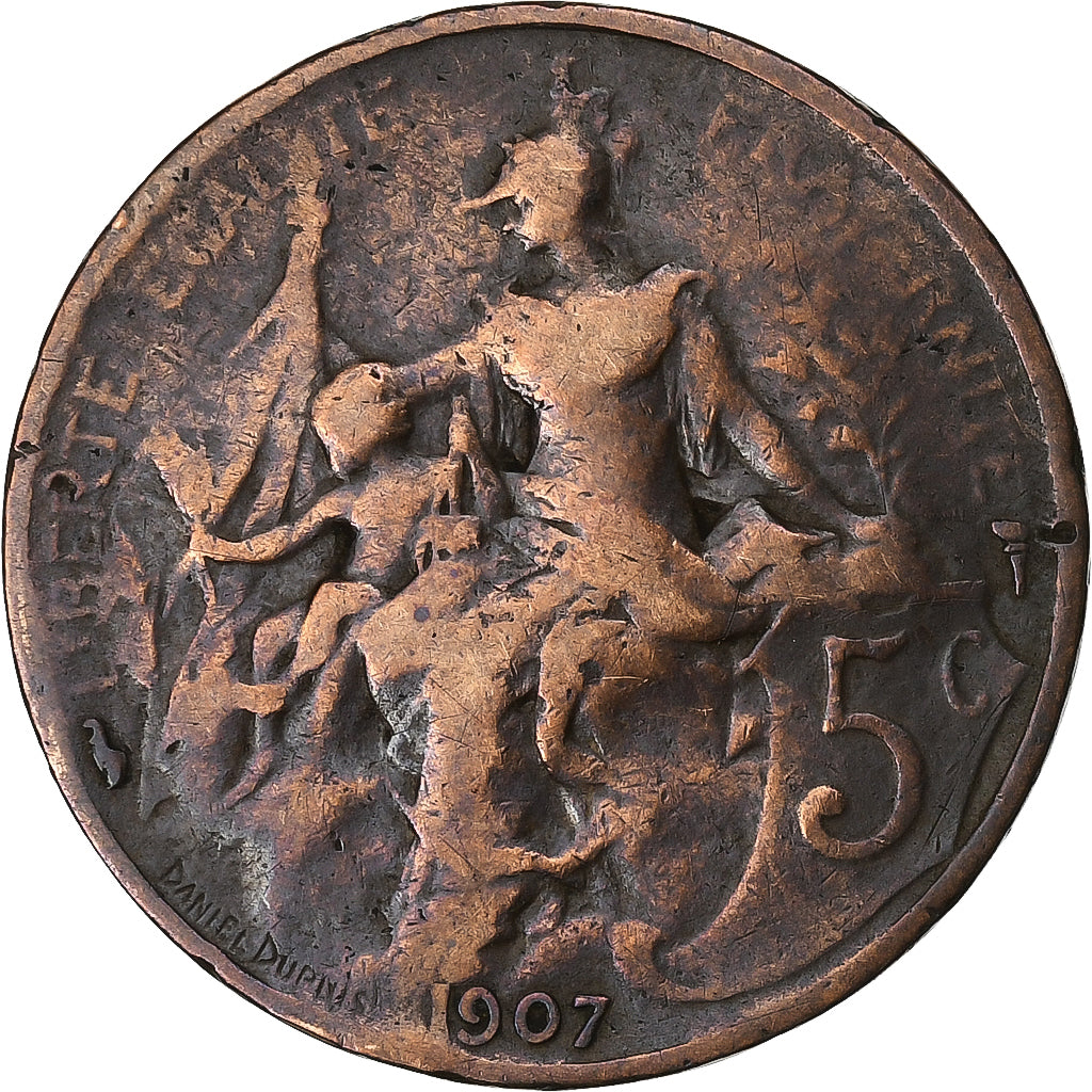 Francia, 5 Centimes, Dupuis, 1907, Paris, Bronzo, MB+, Gadoury:165, KM:842