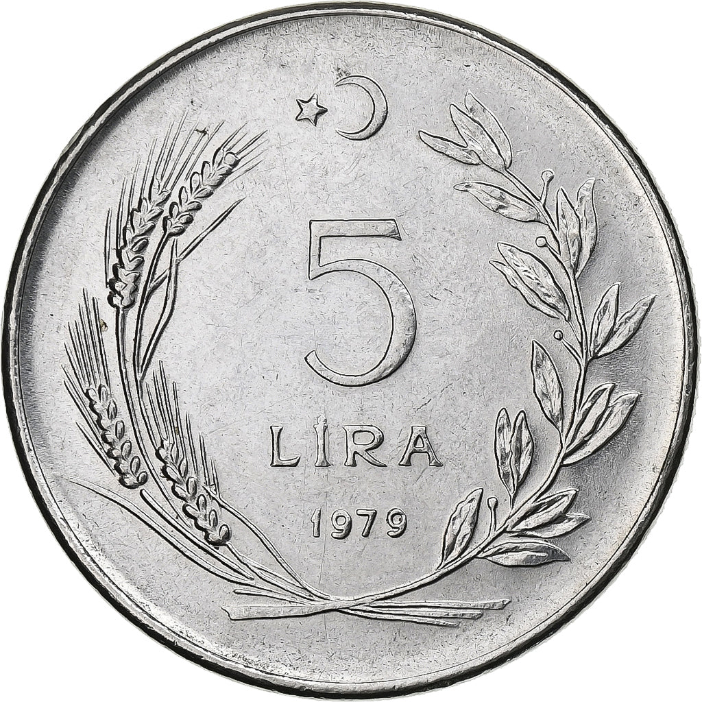 Turquia, 5 Lira, 1979, Aço Inoxidável, AU(55-58), KM:905