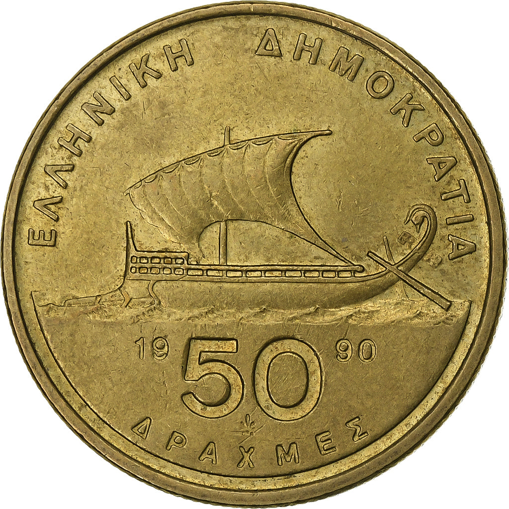 Grécia, 50 Drachmes, 1990, Alumínio-Bronze, EF(40-45), KM:147