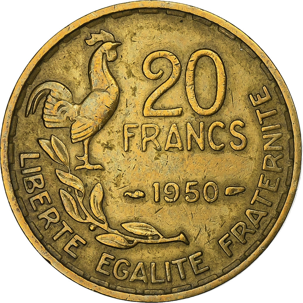 France, 20 Francs, Guiraud, 1950, Paris, 3 faucilles, Aluminum-Bronze