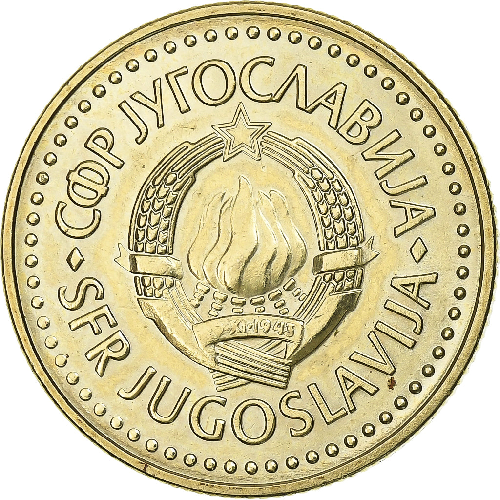 Yugoslavia, 5 Dinara, 1985, Nickel-brass, AU(55-58), KM:88