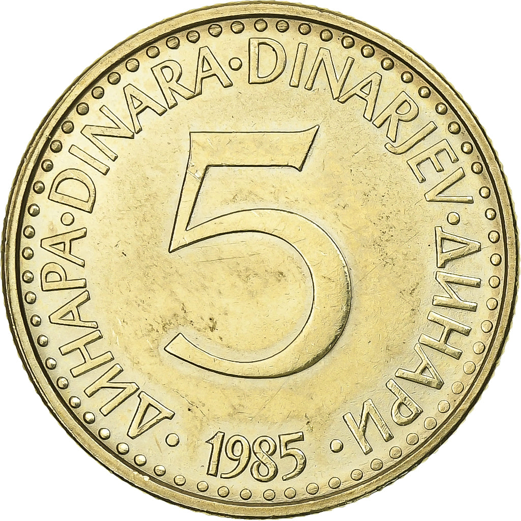Yugoslavia, 5 Dinara, 1985, Nickel-brass, AU(55-58), KM:88