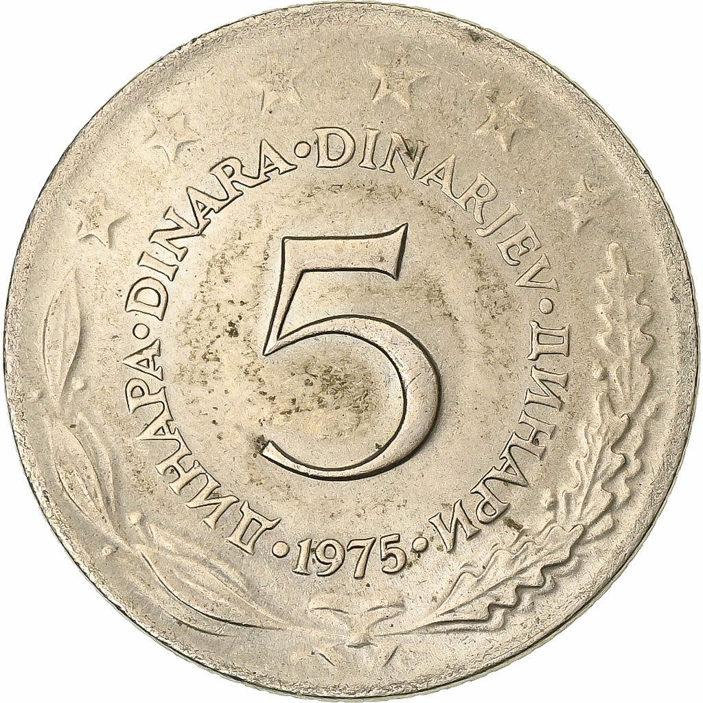 Yugoslavia, 5 Dinara, 1975, Copper-Nickel-Zinc, AU(50-53), KM:58