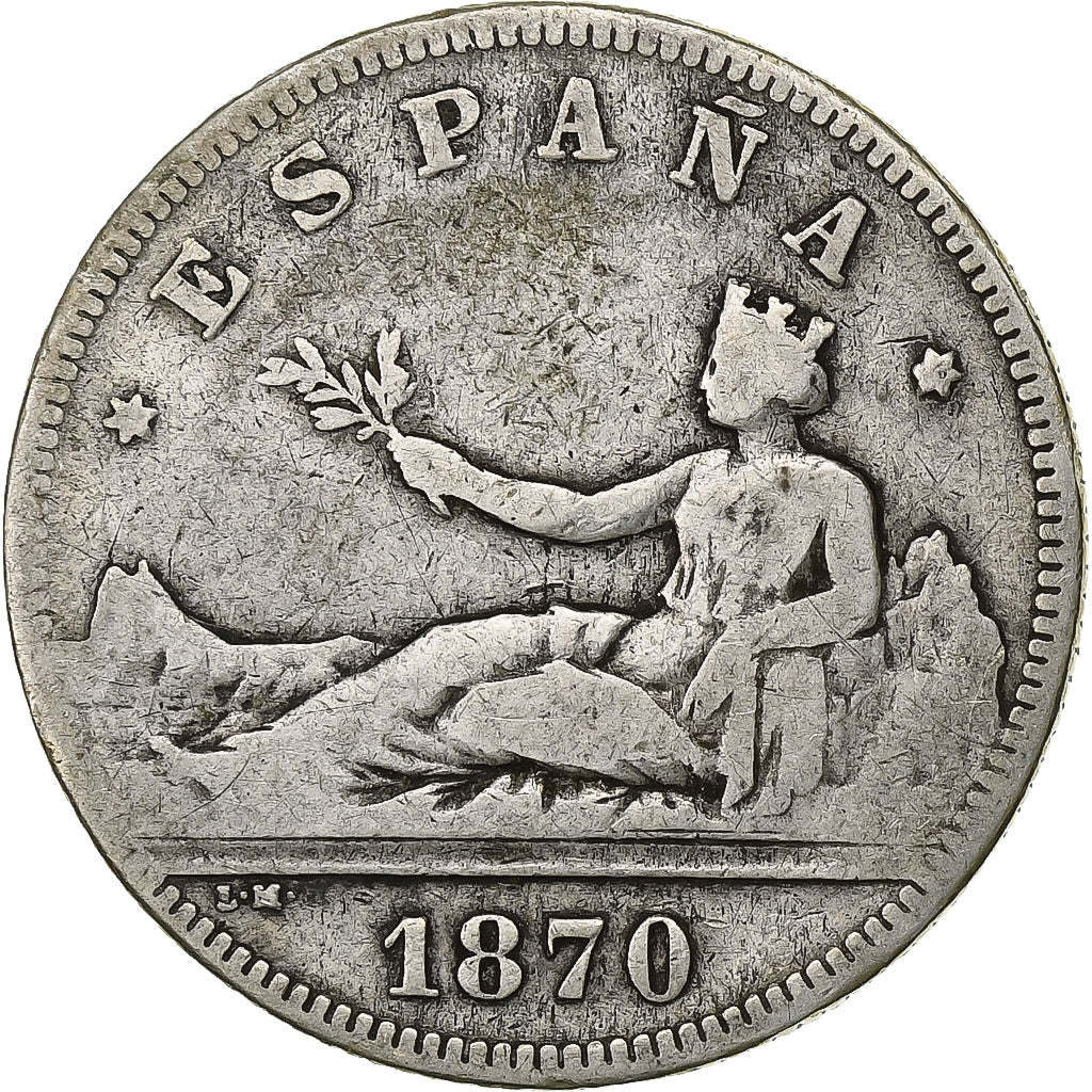 Spain, 2 Pesetas, 1870, Madrid, Silver, VF(20-25), KM:654