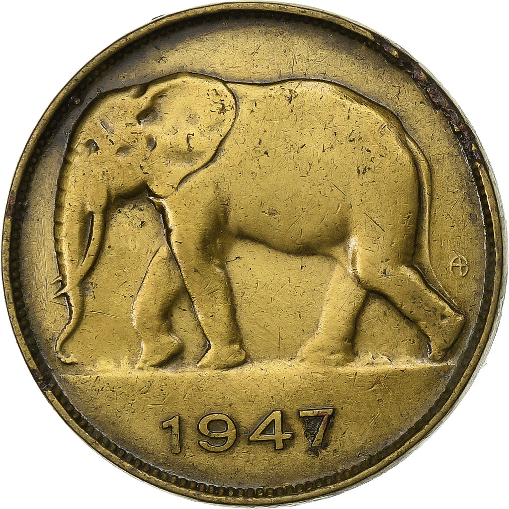 Belgian Congo, Régence Prince Charles, 5 Francs, 1947, Brass, AU(50-53), KM:29