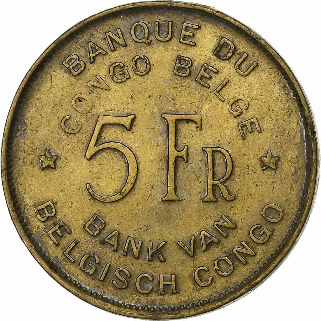 Belgian Congo, Régence Prince Charles, 5 Francs, 1947, Brass, AU(50-53), KM:29