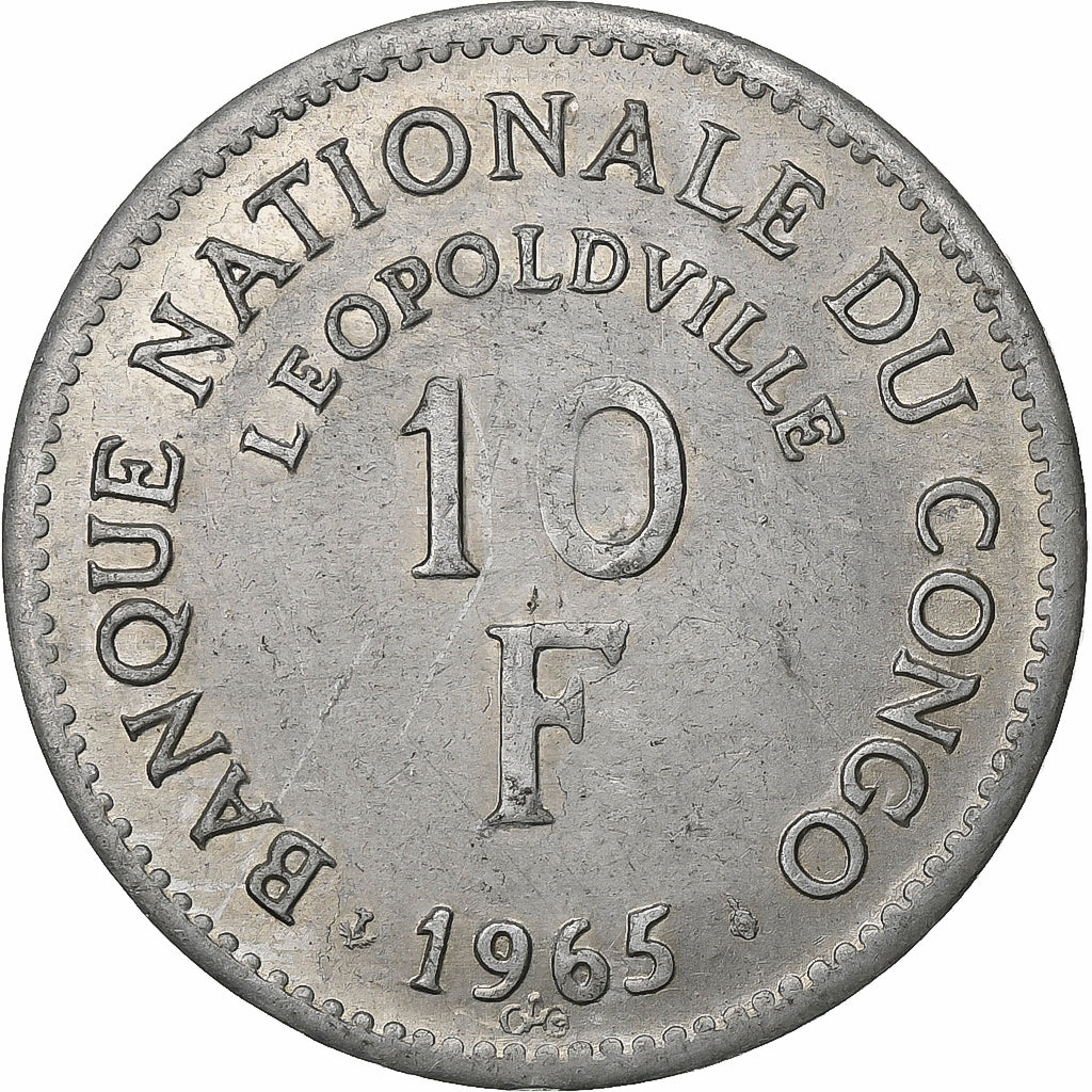 CONGO, REPUBBLICA DEMOCRATICA DEL, 10 Francs, 1965, Brussels, Alluminio, BB