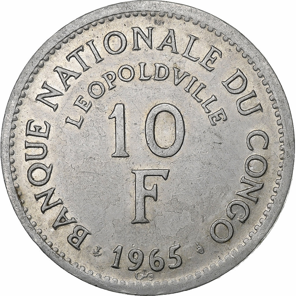 CONGO, DEMOCRATIC REPUBLIC, 10 Francs, 1965, Brussels, Aluminum, EF(40-45), KM:1