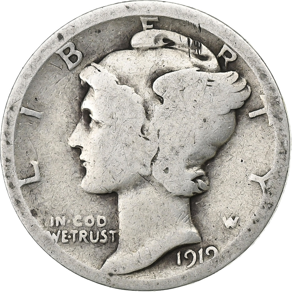 USA, Dime, Mercury, 1919, U.S. Mint, Srebro, F(12-15), KM:140